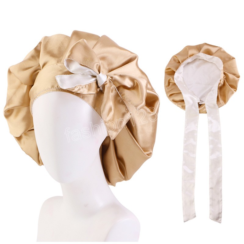 Large Adjustable Satin Turban Cap Double Layer Reversible Silky Night Sleeping Cap Head Tie Band Bonnet for Women Curly Braid Hair Hat