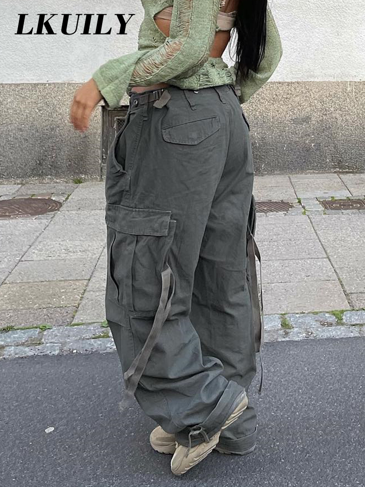 Womens Pants Capris Vintage Cargo Pants Baggy Jeans Women Fashion 90s Streetwear Pockets Overalls ArmyGreen High Waist Loose Y2k Denim Trousers 221007
