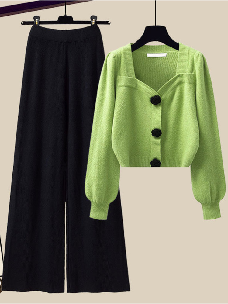 Piece Winter Knit Womens Outfits French Vintage Square Collar Knitted Sweater And Wide Leg Pants Two Pieces Office Lady Sets 221007