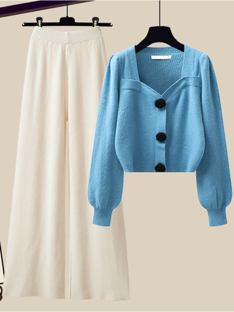 Piece Winter Knit Womens Outfits French Vintage Square Collar Knitted Sweater And Wide Leg Pants Two Pieces Office Lady Sets 221007