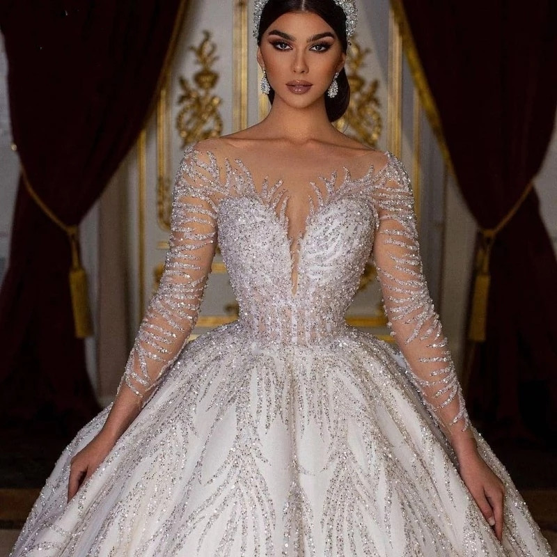 Stunning Princess A Line Wedding Dresses For Women Long Sleeves Luxury Turkish Bridal Gowns Backless Sequin Vestido De Noiva Civil