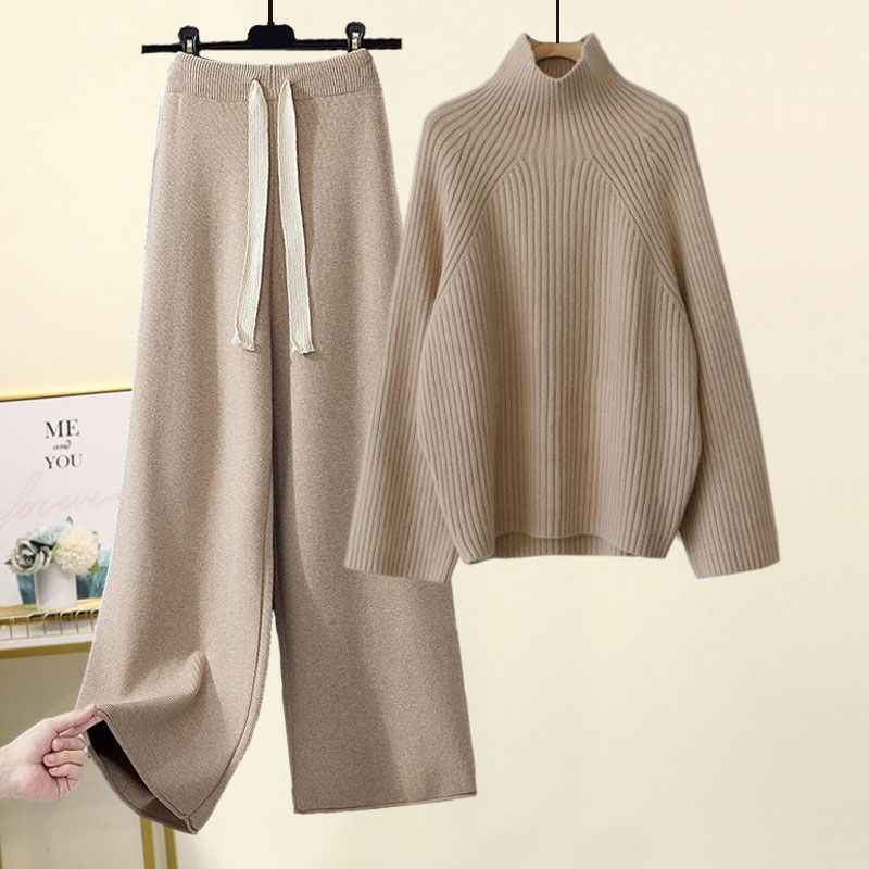 Womens Two Piece Pants Autumn Winter Women Knitted Set Turtleneck Long Sleeve Solid Pullover Sweater Casual Wide Leg Pant Outerwear Tracksuit 2 Pcs Se
