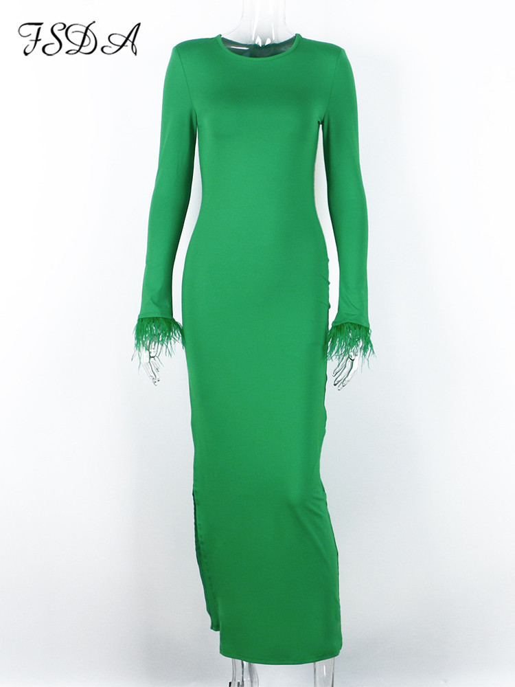 Casual Dresses FSDA Spring Autumn Green Feather Bodycon Dress Women Black Long Sleeve Split Party Maxi Elegant Sexy Outfits 221007