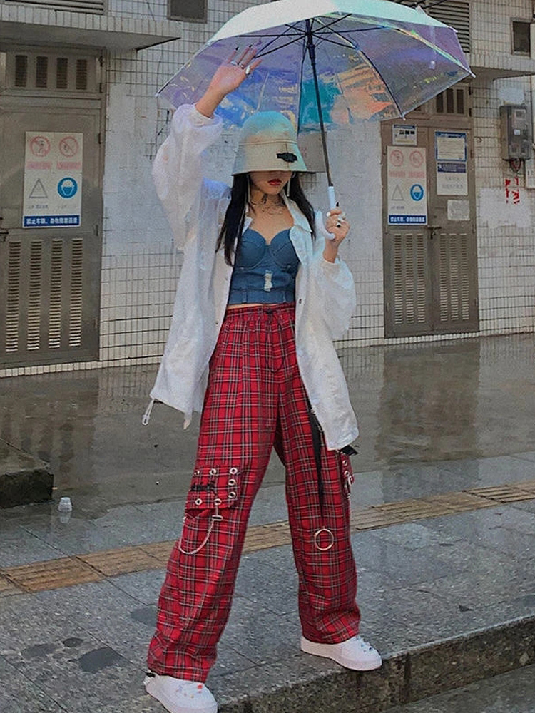 Womens Pants Capris HOUZHOU Punk Cargo Plaid Pants Women Gothic Harajuku Red Checkered Wide Leg Trousers For Female Autumn Streetwear Hippie Fashion 2