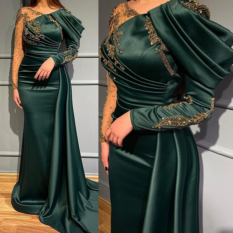 Elegant Jade Green Evening Dresses Arabic Dubai Gold Lace Applique Beaded Long Sleeve Mermaid Prom Gown 2023 Satin Celebrity Party Wear Robes De Soire