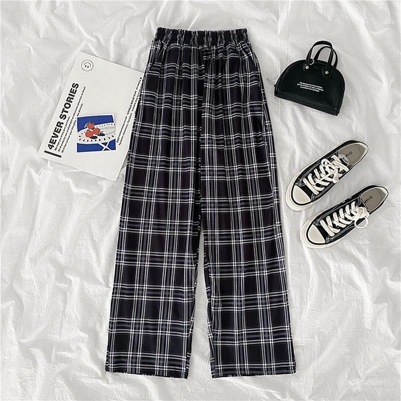 Womens Pants Capris Casual Pants Women Pockets Causal Highwaist Wideleg Spring Plaid Loose Pleated Streetwear Allmatch Trendy Vintage BF Harajuku 2210
