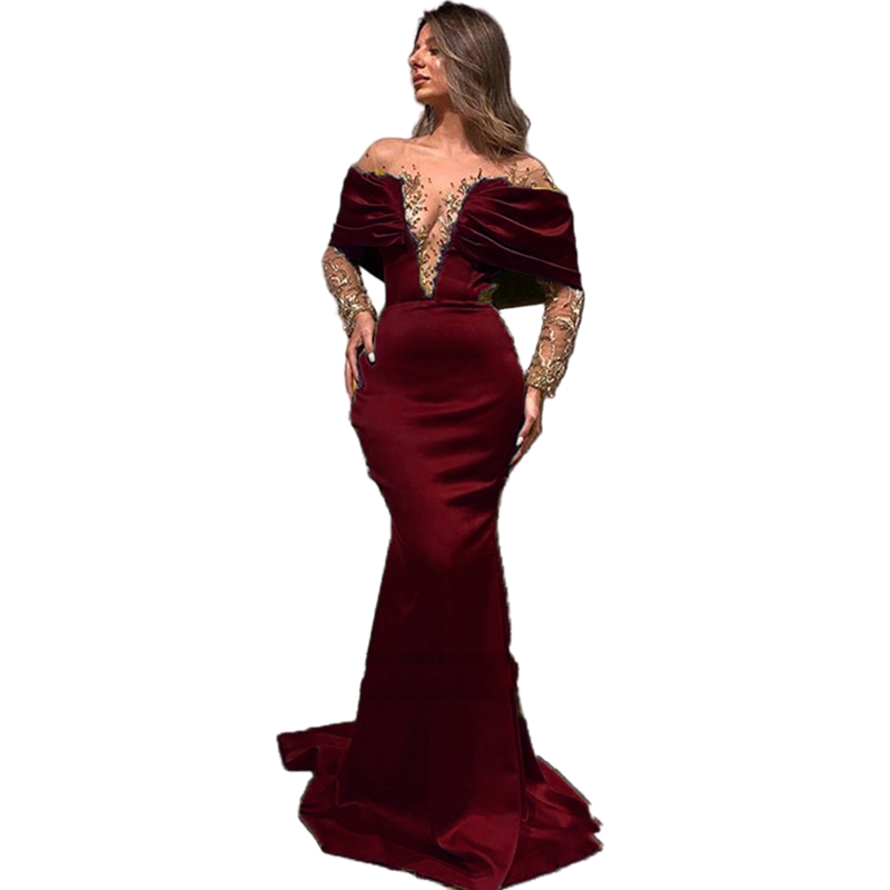 Charming Black Mermaid Evening Dresses 2023 Illusion Long Sleeve Satin Prom Party Gown Gold Appliques Beaded Sexy Transparent V-Neck Women Special Occ