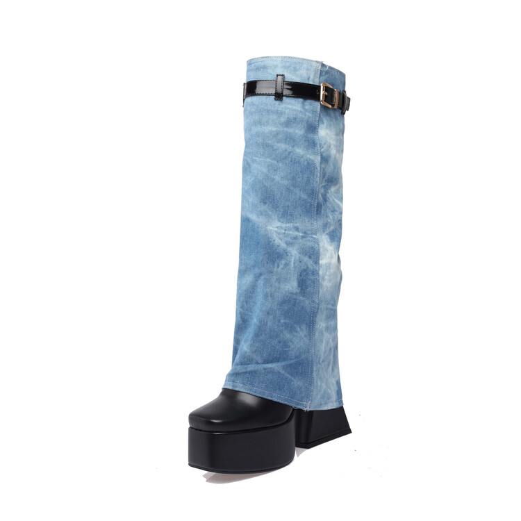 2022 Women's Boots New European and American Fashion Sexy Punk Denim Leather Buckle Thick High Heel Knee Length Sleeve Boots, Qme&2204-4-blue black
2022 Women's Boots New European and American Fashion Sexy Punk Denim Leather Buckle Thick High Heel Knee Length Sleeve Boots, Qme&2204-4-blue black