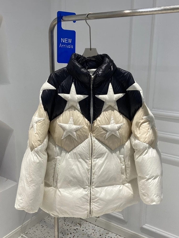 Womens Down Parkas Women Fashion Fivepointed Star Pattern Down Jacket Zipper up Hidden Hooded Oversize Puffer Coats Casual Female Winter Parkas 221007