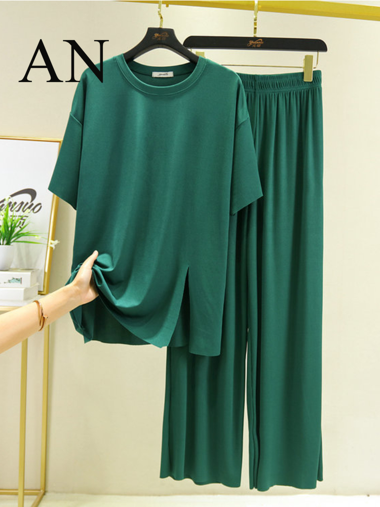Women's Two Piece Pants Big Code Loose Summer Women's Ice Thread Mask Short Sleeves Split Pajamas Pyjamas Home Clothes women Sweat Suit Set 
