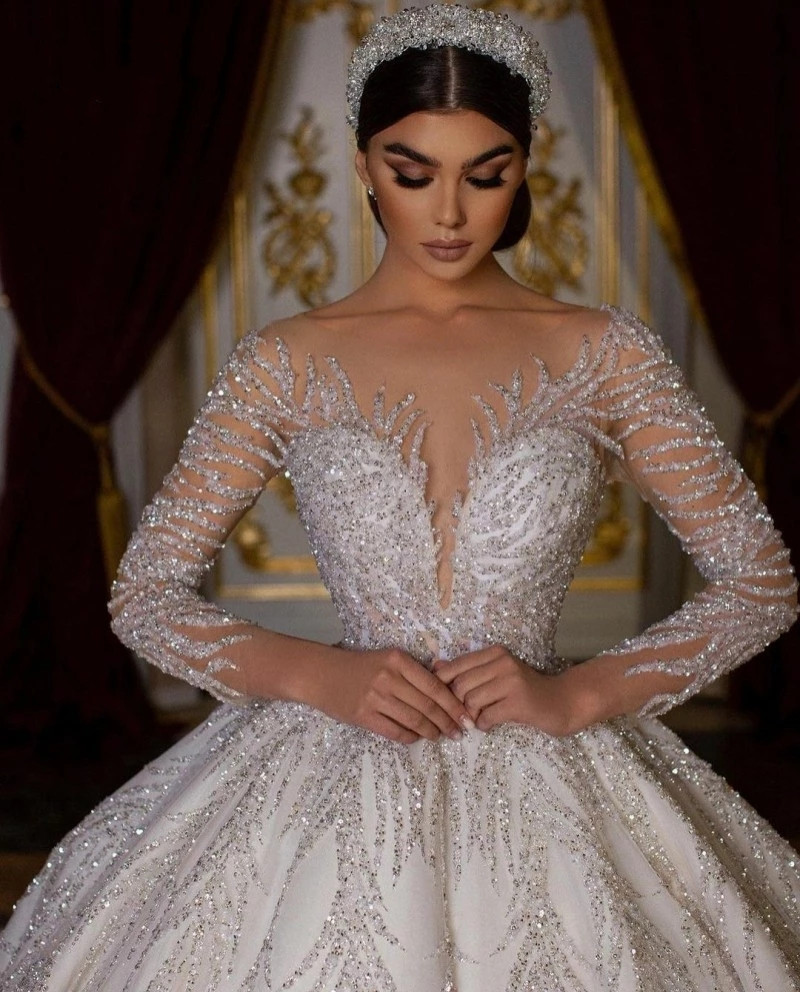 Stunning Princess A Line Wedding Dresses For Women Long Sleeves Luxury Turkish Bridal Gowns Backless Sequin Vestido De Noiva Civil