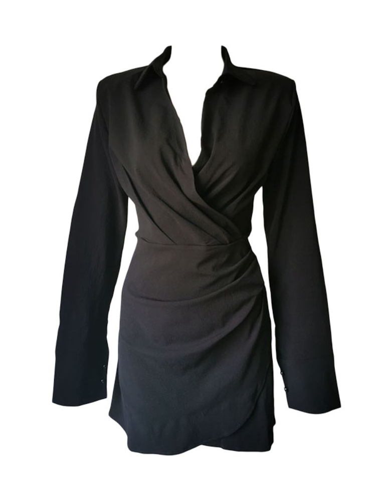 Casual Dresses Elegant Black Padded Shoulder Shirt for Women Long Sleeve Fashion Sexy Ruched Evening Party Mini Dress White 221007