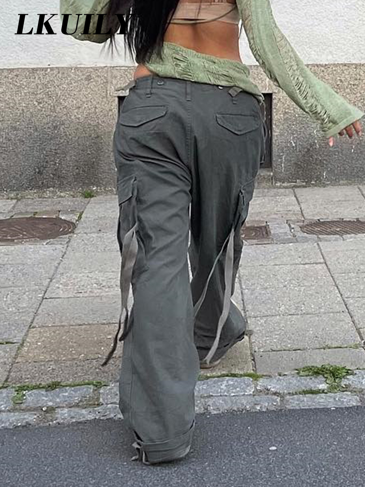 Womens Pants Capris Vintage Cargo Pants Baggy Jeans Women Fashion 90s Streetwear Pockets Overalls ArmyGreen High Waist Loose Y2k Denim Trousers 221007