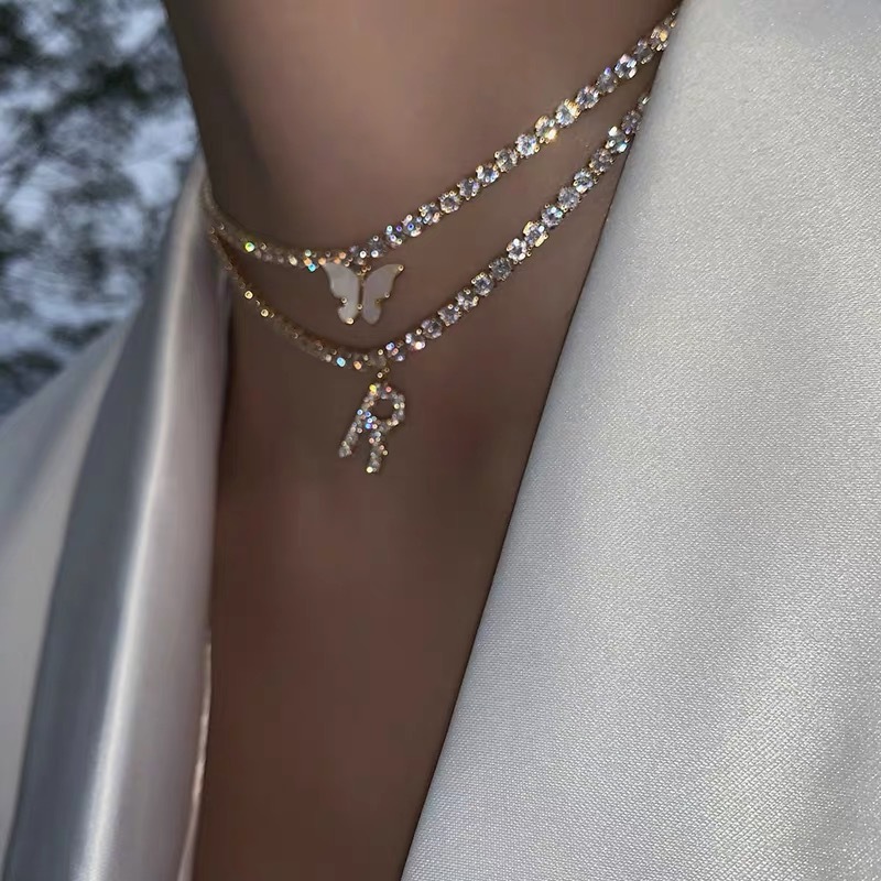 Multilayer Butterfly Pendant Necklace Women Silver Color 26 Initials Letters Crystal Chain Necklace Collar Jewelry