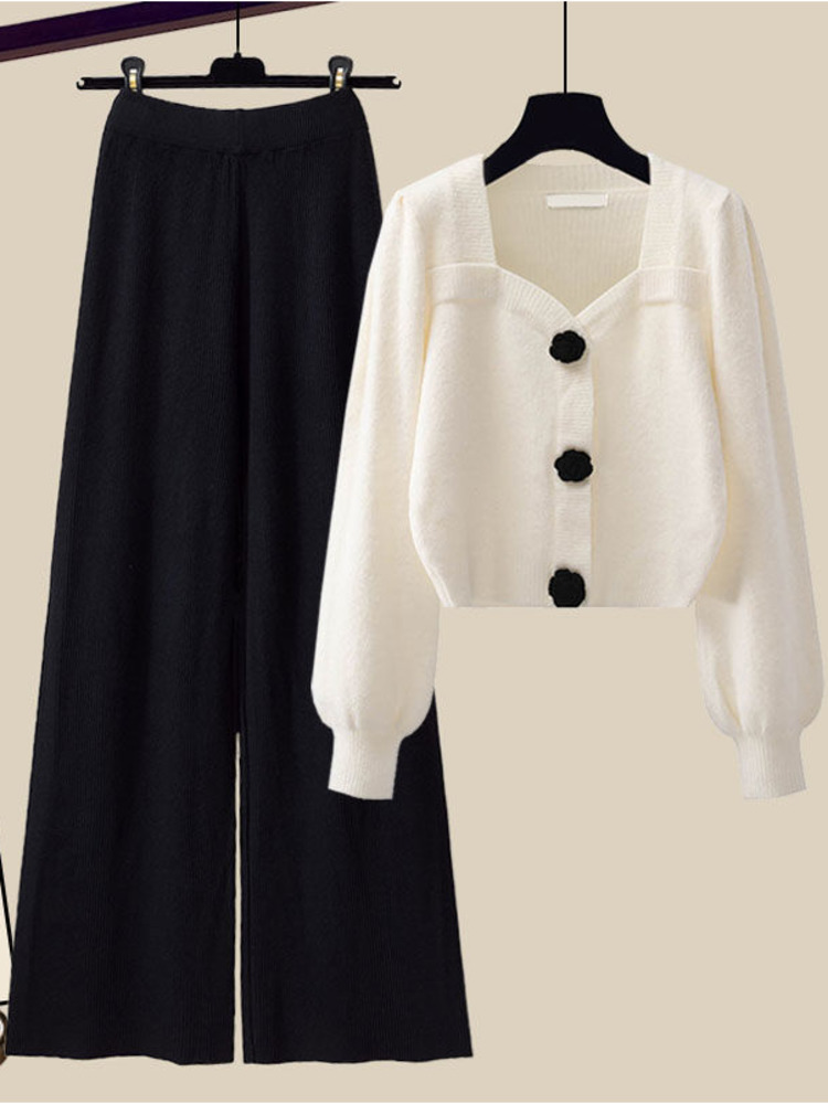 Piece Winter Knit Womens Outfits French Vintage Square Collar Knitted Sweater And Wide Leg Pants Two Pieces Office Lady Sets 221007