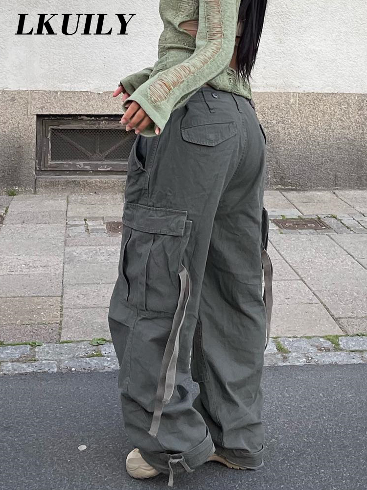 Womens Pants Capris Vintage Cargo Pants Baggy Jeans Women Fashion 90s Streetwear Pockets Overalls ArmyGreen High Waist Loose Y2k Denim Trousers 221007