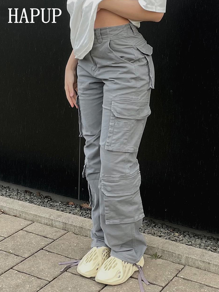 Womens Pants Capris Vintage Cargo Pants Baggy Jeans Women Fashion 90s Streetwear Pockets Wide Leg High Waist Straight Y2k Denim Trousers Overalls 2210