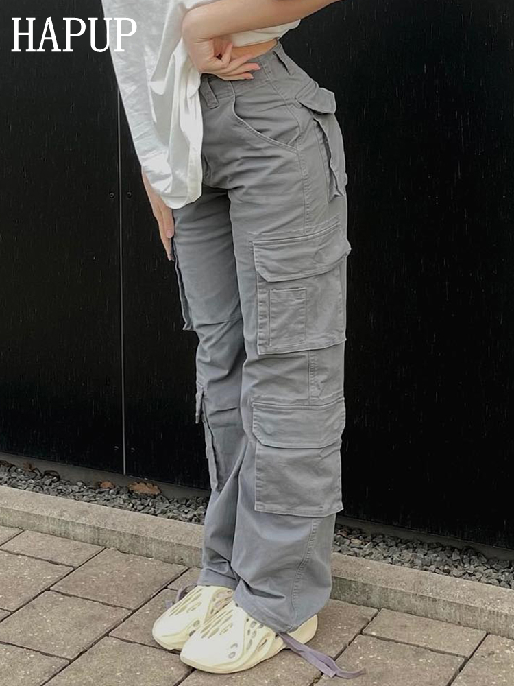 Womens Pants Capris Vintage Cargo Pants Baggy Jeans Women Fashion 90s Streetwear Pockets Wide Leg High Waist Straight Y2k Denim Trousers Overalls 2210