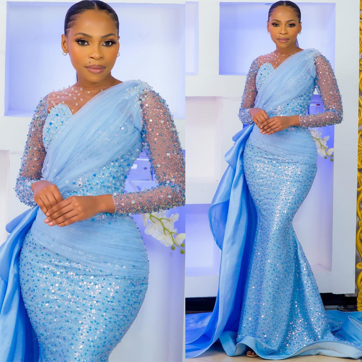 Ebi Arabic Aso Crystals Beaded Prom Dresses Sequined Lace Mermaid Evening Formal Party Second Reception Birthday Engagement Gowns Dress ZJ