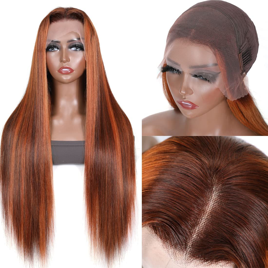 Highlight Ginger Orange HD Transparent Lace Front Wigs Human Hair Pre Plucked with Baby Hair Brazilian Remy Straight Frontal Wig Piano Color 150% Dens