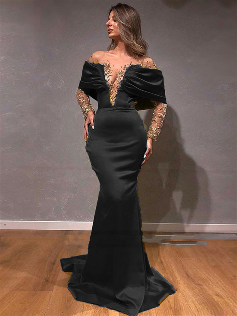 Charming Black Mermaid Evening Dresses 2023 Illusion Long Sleeve Satin Prom Party Gown Gold Appliques Beaded Sexy Transparent V-Neck Women Special Occ