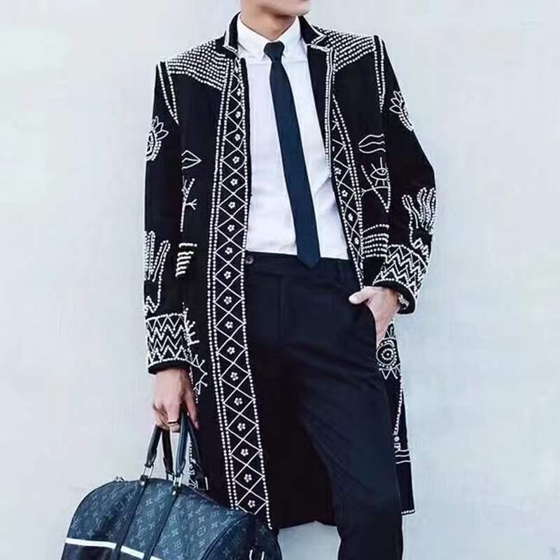 Men's Jackets Men's Slim Fit Long Jacket Men Coat Nightclub Master Clothes Performance Club Stage Top Quality Heavy Beaded Embroidered