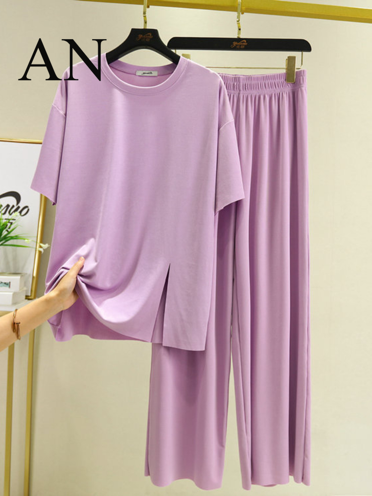 Women's Two Piece Pants Big Code Loose Summer Women's Ice Thread Mask Short Sleeves Split Pajamas Pyjamas Home Clothes women Sweat Suit Set 