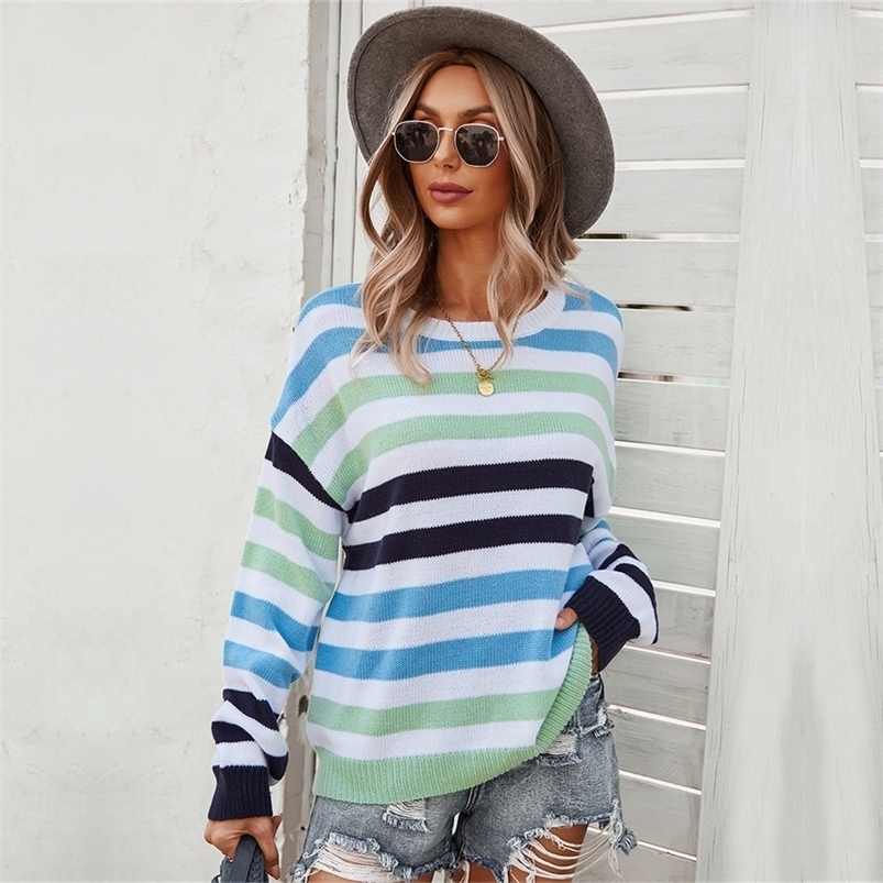 Women's Knits Tees Ladies Autumn Sweater Women Pullover Striped Casual Warm Jumper Knitted Loose Women Tops Female Pull Knitwear 221007