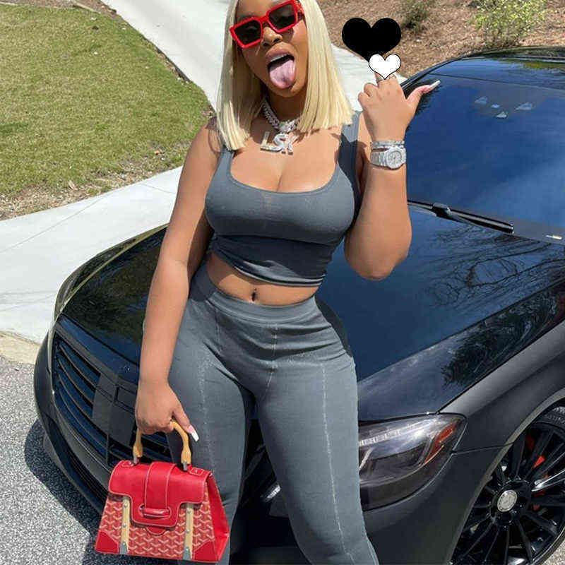 Women's Tracksuits Ribbed Knitted 2 Piece Set Gym Crop Tank Top Leggings Casual Streetwear Sporty Tracksuit Summer Active Wear