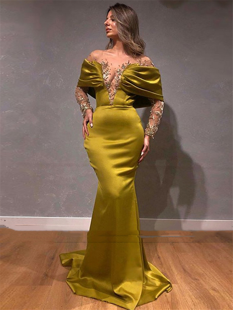 Charming Black Mermaid Evening Dresses 2023 Illusion Long Sleeve Satin Prom Party Gown Gold Appliques Beaded Sexy Transparent V-Neck Women Special Occ
