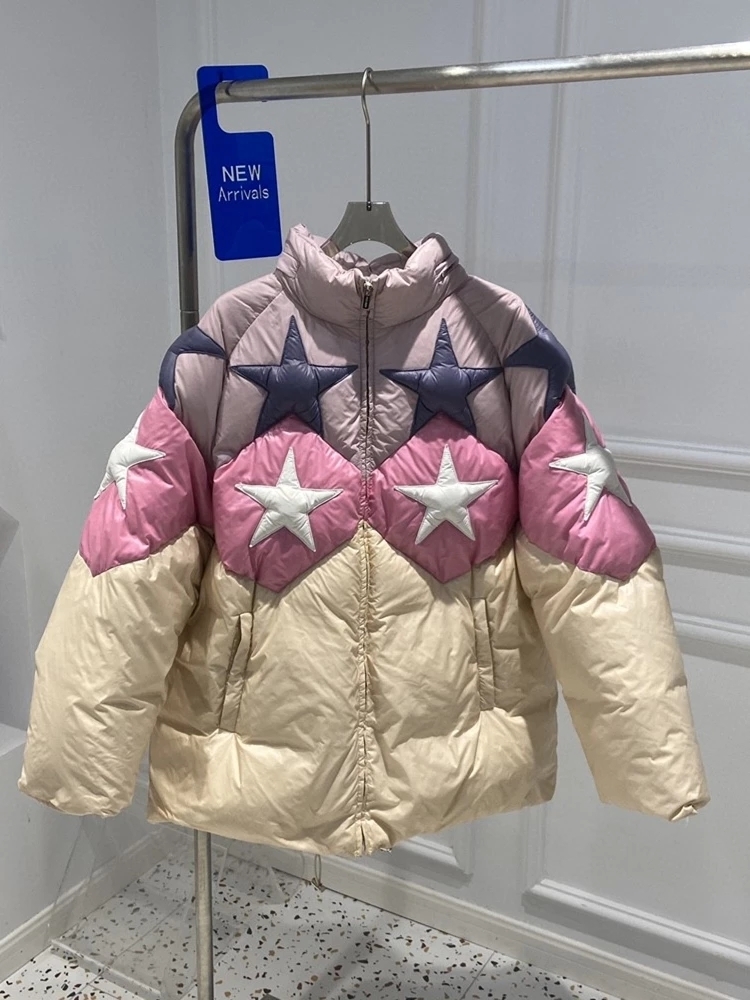 Womens Down Parkas Women Fashion Fivepointed Star Pattern Down Jacket Zipper up Hidden Hooded Oversize Puffer Coats Casual Female Winter Parkas 221007