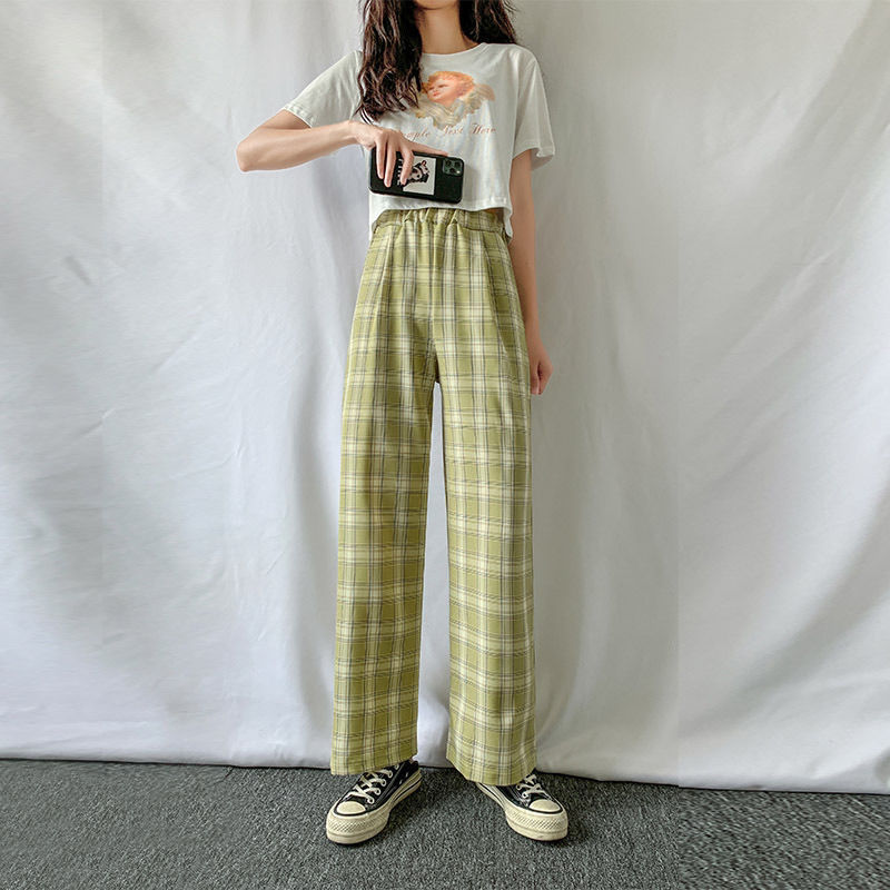 Womens Pants Capris Vintage Plaid Women Pants High Waist Wide Leg Straight Pant Loose Casual Female Trousers Wide Leg Pant Fashion Streetwear 221007