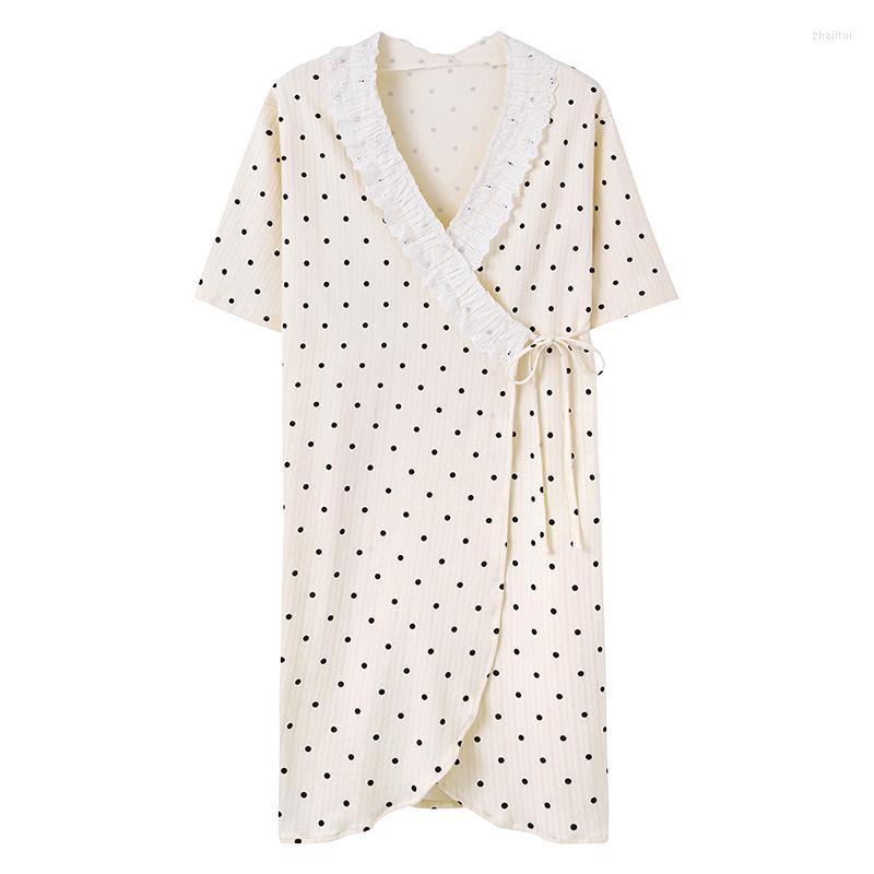 Women's Sleepwear Women's Women Summer Cotton Robes Big Yards M-XXXL Polka Dots Bathrobes Short Sleeve Morning House Coat Medium Long, H3804