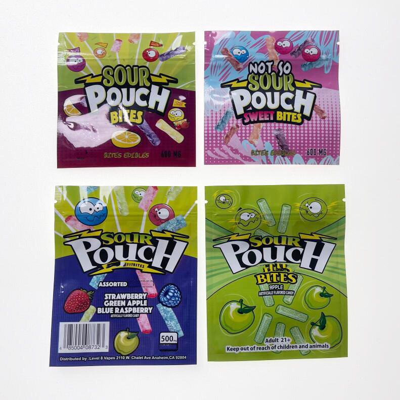 Sour pouch candy packing bags 600 mg plastic bites edibles packaging mylar bag with zipper smell proof food grade material
Sour pouch candy packing bags 600 mg plastic bites edibles packaging mylar bag with zipper smell proof food grade material