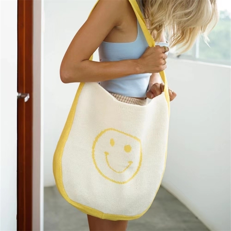 Shopping Bags Women's Smile Face Shoulder Happy Knit Tote Large Capacity Casual Handbags Beach Female Drop 221008, Vip freight yellow
Shopping Bags Women's Smile Face Shoulder Happy Knit Tote Large Capacity Casual Handbags Beach Female Drop 221008, Vip freight yellow
