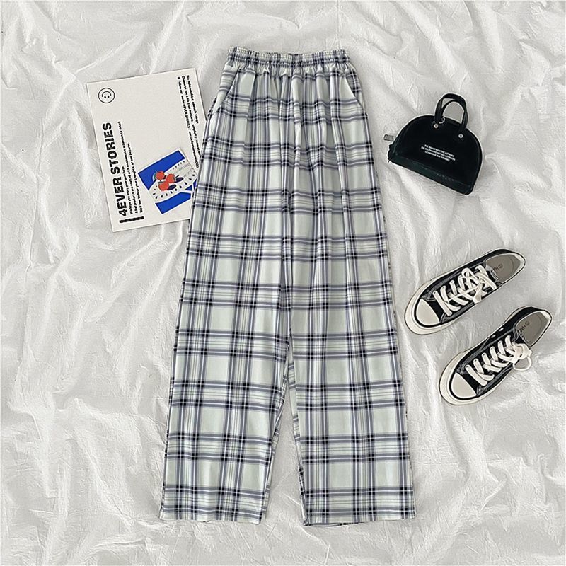 Womens Pants Capris Casual Pants Women Pockets Causal Highwaist Wideleg Spring Plaid Loose Pleated Streetwear Allmatch Trendy Vintage BF Harajuku 2210