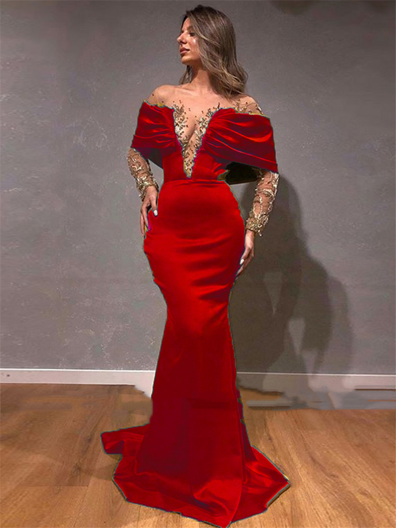 Charming Black Mermaid Evening Dresses 2023 Illusion Long Sleeve Satin Prom Party Gown Gold Appliques Beaded Sexy Transparent V-Neck Women Special Occ