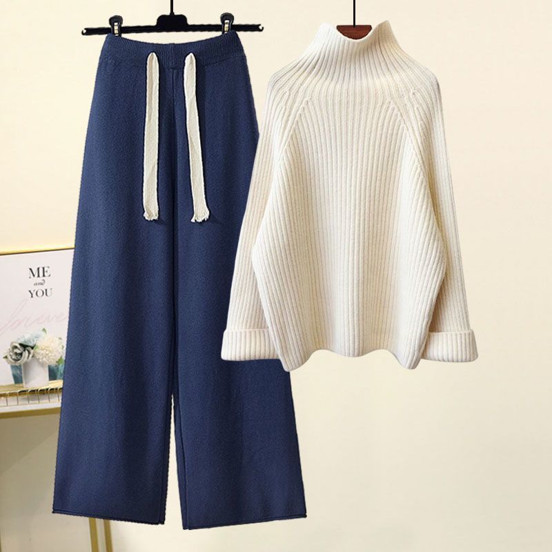 Womens Two Piece Pants Autumn Winter Women Knitted Set Turtleneck Long Sleeve Solid Pullover Sweater Casual Wide Leg Pant Outerwear Tracksuit 2 Pcs Se