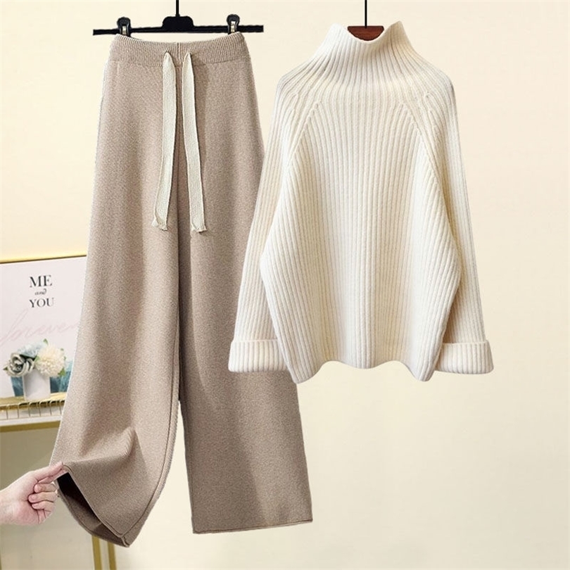 Womens Two Piece Pants Autumn Winter Women Knitted Set Turtleneck Long Sleeve Solid Pullover Sweater Casual Wide Leg Pant Outerwear Tracksuit 2 Pcs Se