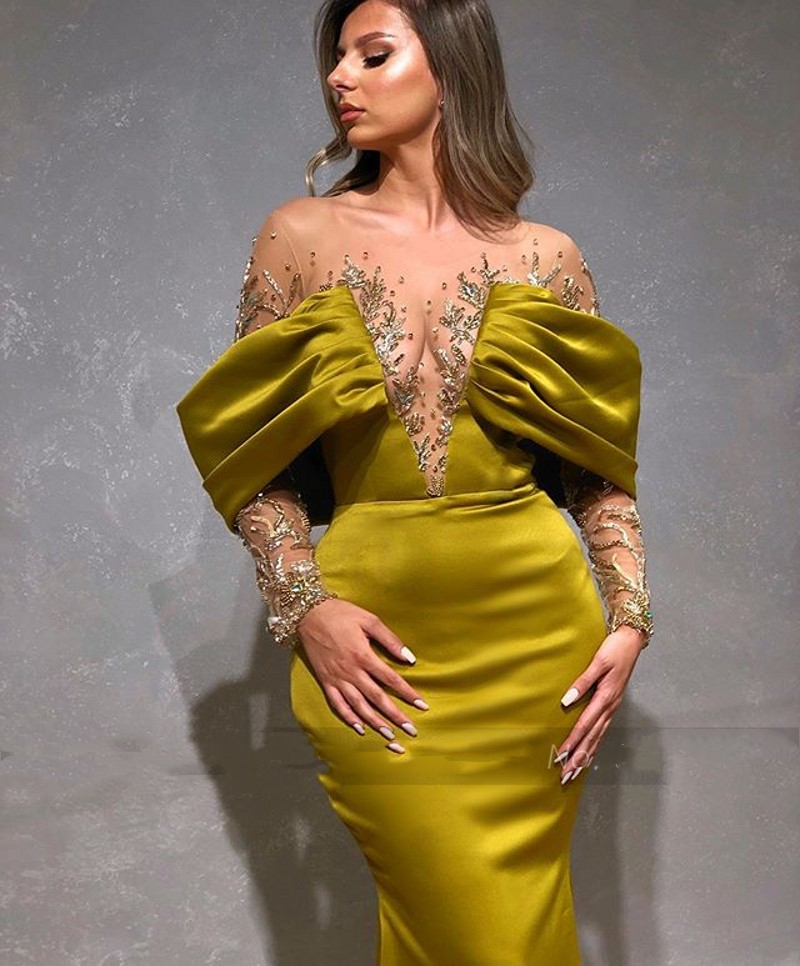 Charming Black Mermaid Evening Dresses 2023 Illusion Long Sleeve Satin Prom Party Gown Gold Appliques Beaded Sexy Transparent V-Neck Women Special Occ