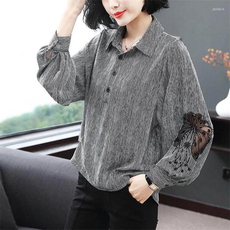 Women's Blouses Hollow Mesh Stripe Blouse Women's Embroidered Lapel Long Sleeves Loose Buttons Work Top Offce Feminine Blusa Casual, Gray
Women's Blouses Hollow Mesh Stripe Blouse Women's Embroidered Lapel Long Sleeves Loose Buttons Work Top Offce Feminine Blusa Casual, Gray