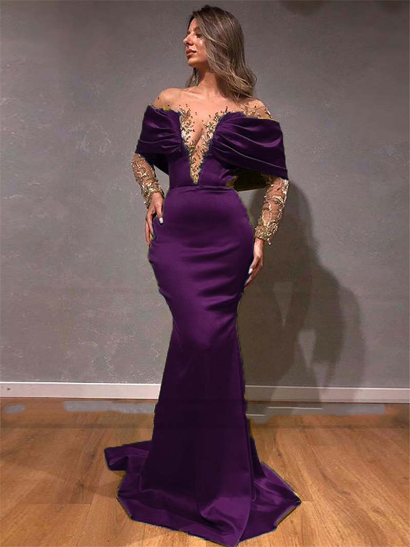 Elegant Dubai Bury Trumpet Evening Dresses Sweep Train Long Sleeve Sexy Illusion Jewel Neck Sequins Beads Beaded Silk Satin Prom Party Gowns For Women