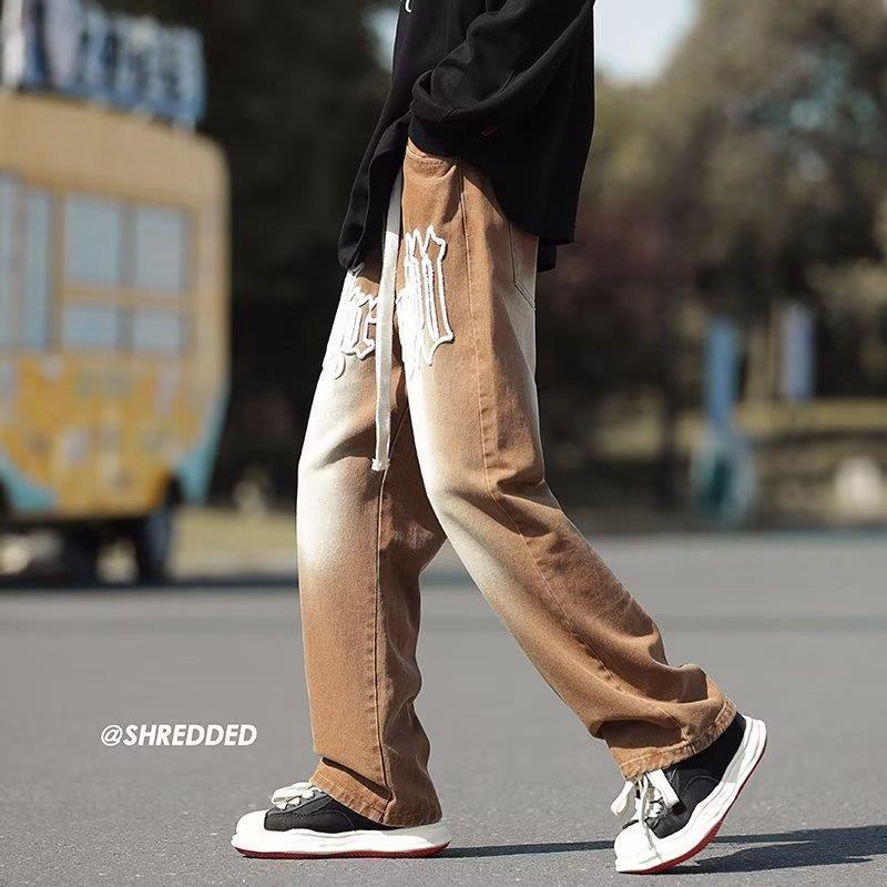 Men's Jeans Gradient Green Brown Stretch Hip Hop Jeans Men Vintage High Street Letter Handsome Street Dance Pants Loose Denim Jeans M5XL 221008
