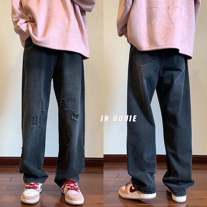 Men's Jeans Autumn Fashion Men's Baggy Jeans Unisex Ripped Straight Denim Wideleg Pants Hip Hop Streetwear Trousers BlackBrown 221008