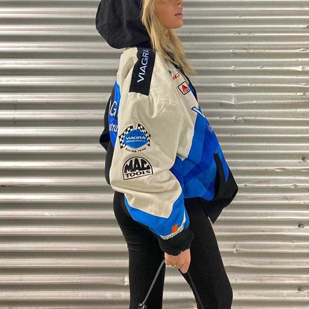 Women's Jackets Women Bomber Jackets Indy Race Jacket Sticker Print Unisex Baseball Uniform Women Streetwears Retro Coat Y2k Oversized 3 Hip Hop 