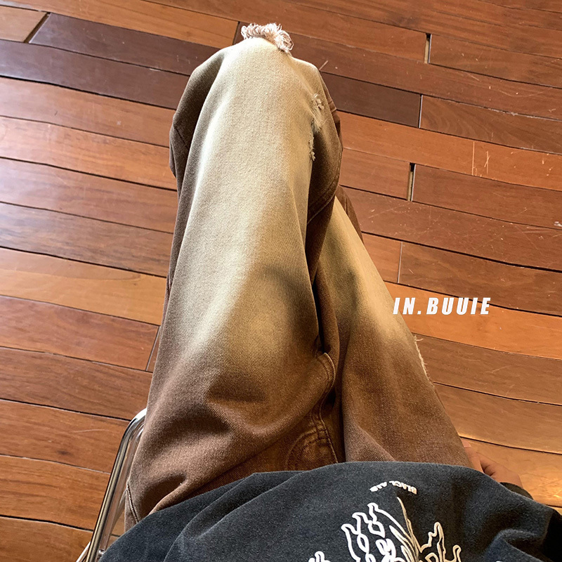 Men's Jeans Autumn Fashion Men's Baggy Jeans Unisex Ripped Straight Denim Wideleg Pants Hip Hop Streetwear Trousers BlackBrown 221008