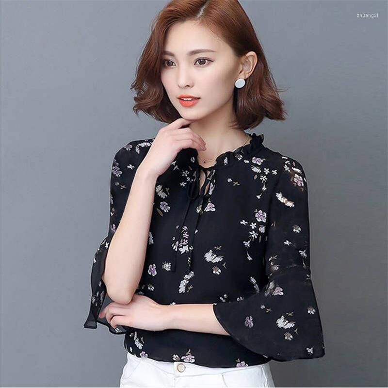 Women's Blouses Trumpet Sleeve Chiffon Shirts For Women Three-quarter Sleeves O-neck Bowknot Pullover Printing Loose Summer Feminine Shirt, Gold 
Women's Blouses Trumpet Sleeve Chiffon Shirts For Women Three-quarter Sleeves O-neck Bowknot Pullover Printing Loose Summer Feminine Shirt, Gold