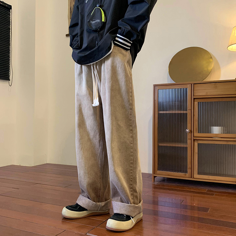 Men's Jeans Autumn Solid Simple Jean Pants Korean Men's Baggy Washed Jeans Classic Unisex Straight Daily Denim Mopping Wideleg Pants 221008