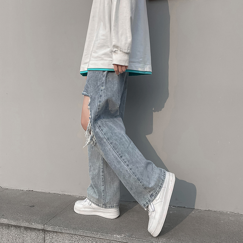Men's Jeans High Street Jeans for Men Light Blue Straight Frayed Ripped Hole Mens Thin Summer Casual Denim Pants Baggy Hip Hop Trousers 221008