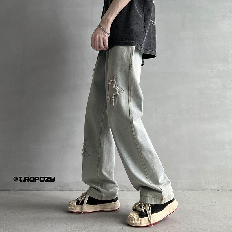 Men's Jeans Spring Summer Star Patch Jean Pants Hole Burrs Patchwork Denim Pants Male Straight Loose Mopping Trousers Hip Hop Jeans 221008